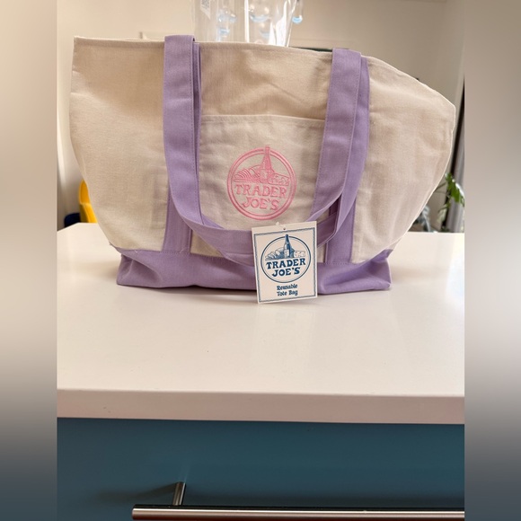 Trader Joe'S Handbags - LIMITED EDITION LARGE TJ’s Lavender & Cream Canvas Tote Bag